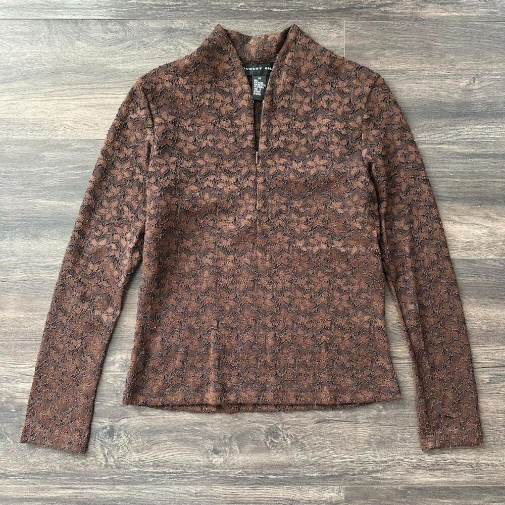 Vintage August Silk 1/4 Zip Pullover Lace Shirt Floral Brown Long Sleeve Medium